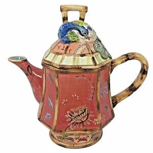 Tracy Porter Artesian Road Teapot w/Lid Handpainted Peacock Whimsical Boho 3 Cup